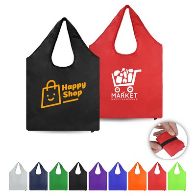 Reusable Folding Polyester Shopping Tote Bag With Elastic Strap