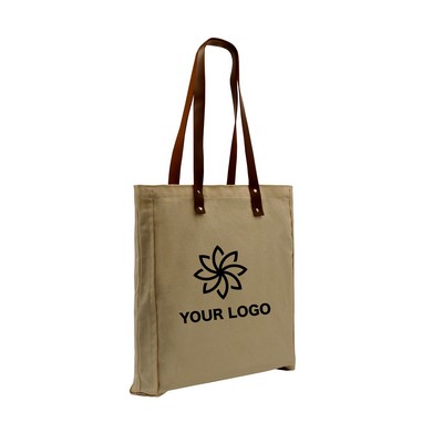 Natural Leather Handle Zip Top Natural Canvas Tote Bag